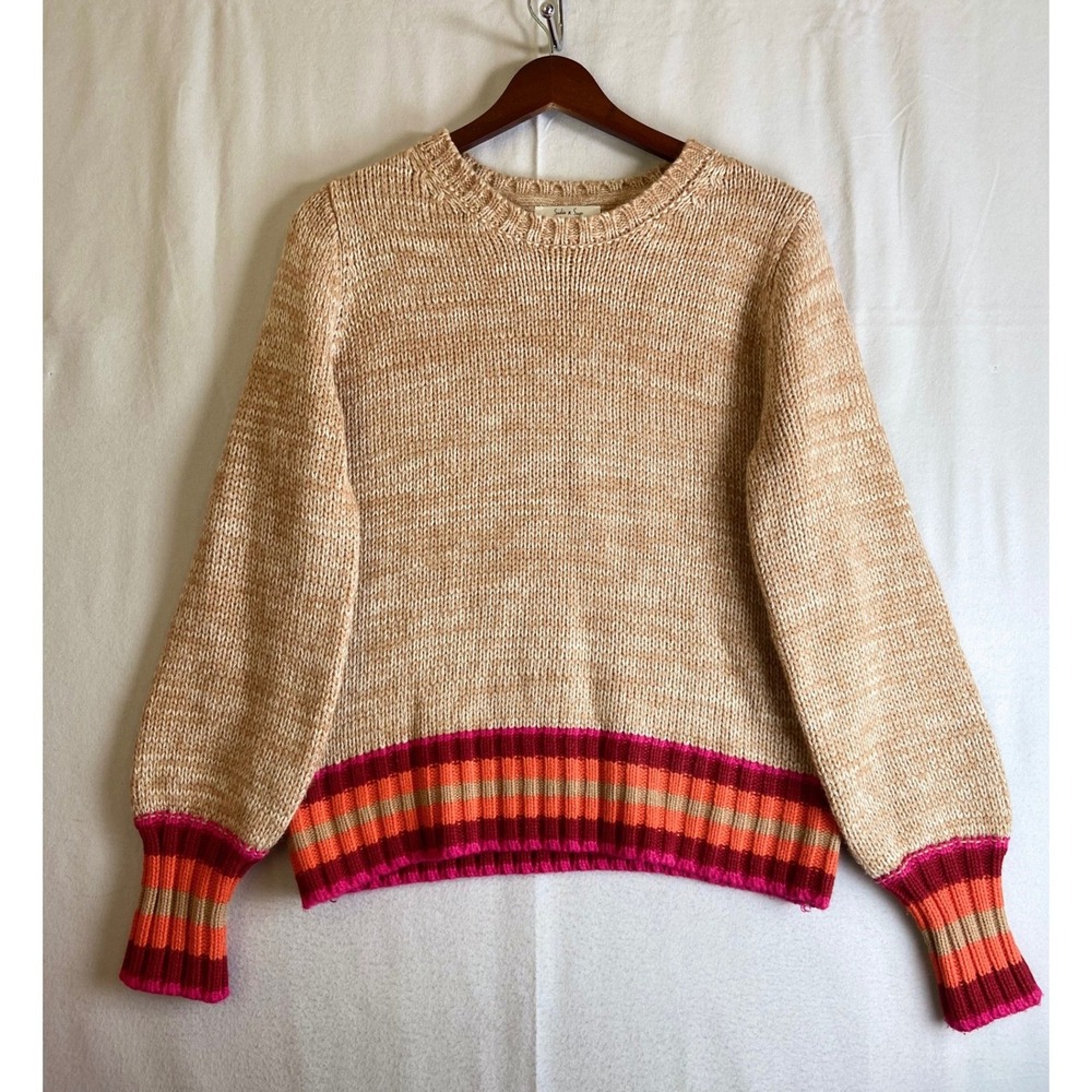 Sadie & Sage Marled Tan Pink Orange Striped Hem Balloon Sleeve Sweater Medium